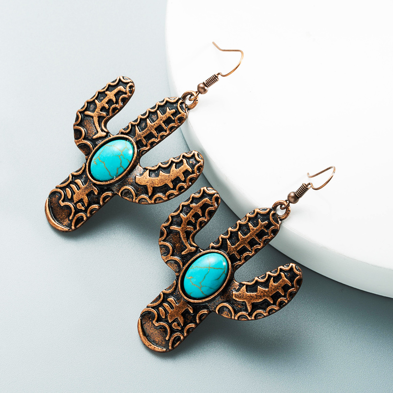 1 Pair Vintage Style Cactus Plating Inlay Alloy Turquoise Rhodium Plated Drop Earrings display picture 5