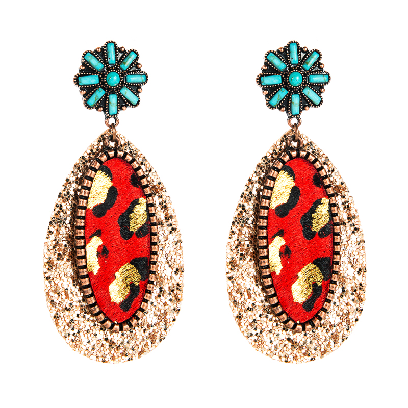 1 Pair Vintage Style Ethnic Style Bohemian Geometric Sequins Inlay Alloy Artificial Leather Turquoise Rose Gold Plated Drop Earrings display picture 8