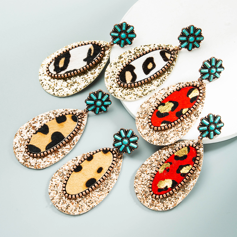 1 Pair Vintage Style Ethnic Style Bohemian Geometric Sequins Inlay Alloy Artificial Leather Turquoise Rose Gold Plated Drop Earrings display picture 2