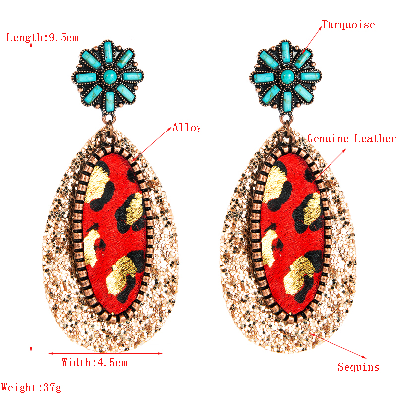 1 Pair Vintage Style Ethnic Style Bohemian Geometric Sequins Inlay Alloy Artificial Leather Turquoise Rose Gold Plated Drop Earrings display picture 1