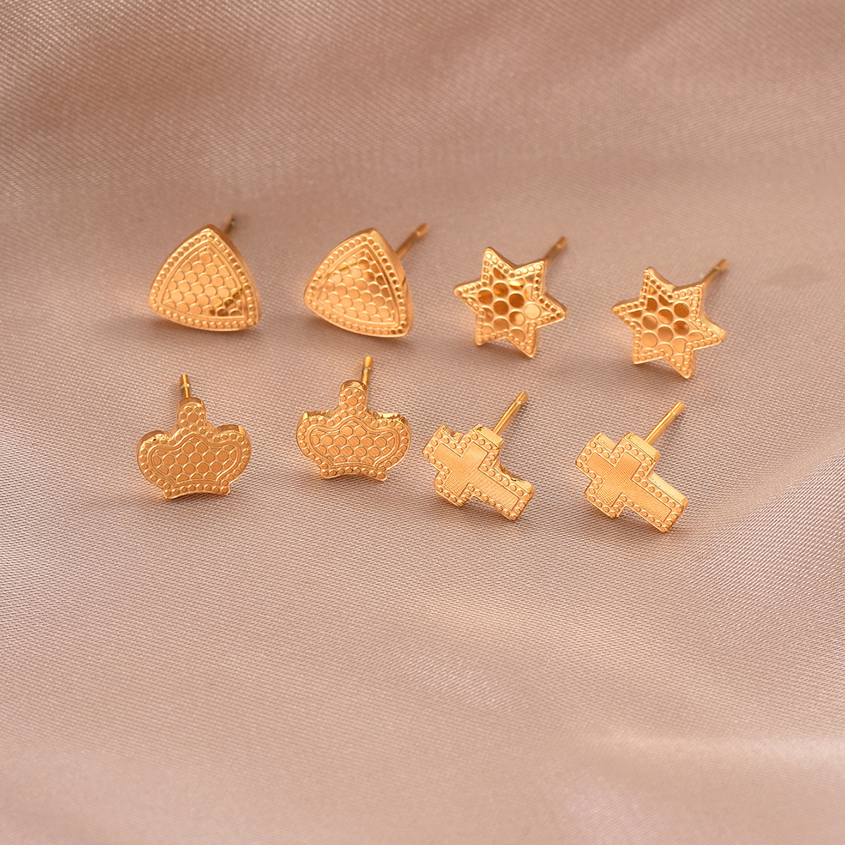 1 Pair Simple Style Hexagon Cross Crown Plating Stainless Steel 14K Gold Plated Ear Studs display picture 1