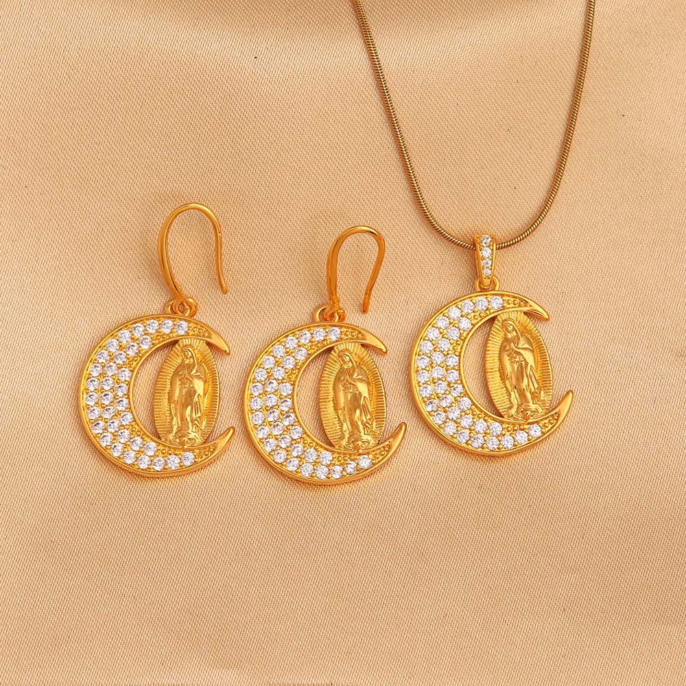 Lady Moon Stainless Steel Copper Plating Inlay Zircon 18k Gold Plated Earrings Necklace display picture 6