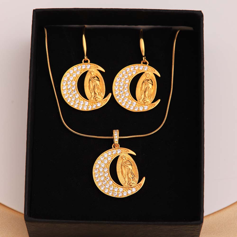 Lady Moon Stainless Steel Copper Plating Inlay Zircon 18k Gold Plated Earrings Necklace display picture 2