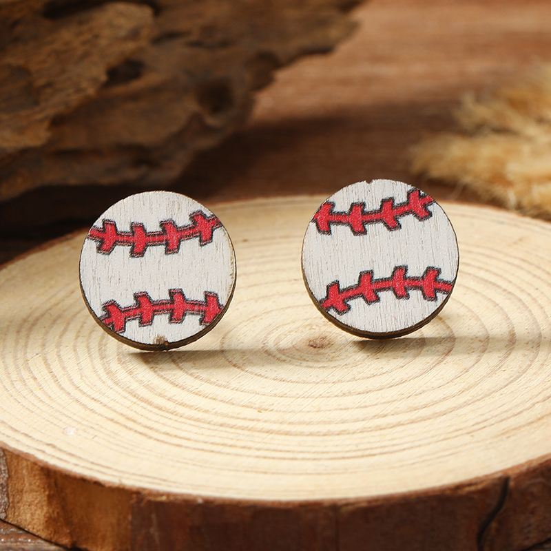 1 Pair Vacation Simple Style Ball Basketball Football Painted Wood Silver Plated Ear Studs display picture 11