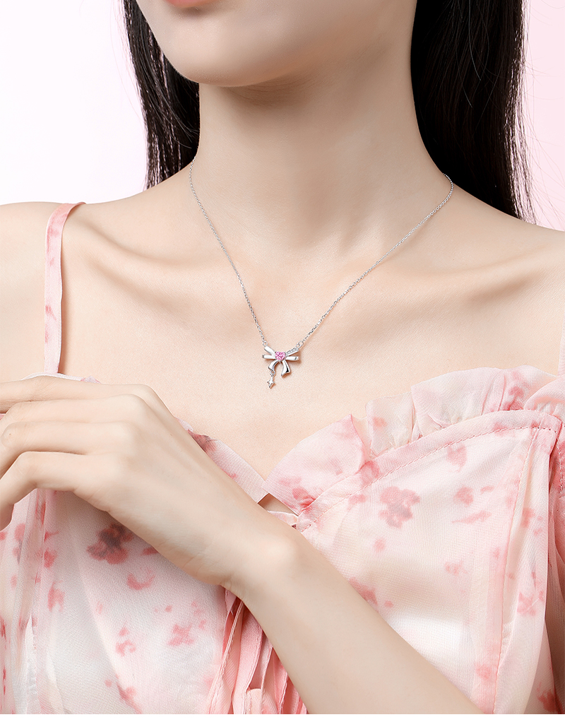 Sweet Simple Style Tassel Heart Shape Bow Knot 925 Silver Zircon Pendant Necklace display picture 1
