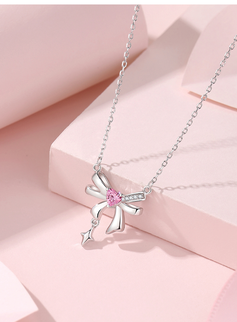 Sweet Simple Style Tassel Heart Shape Bow Knot 925 Silver Zircon Pendant Necklace display picture 2