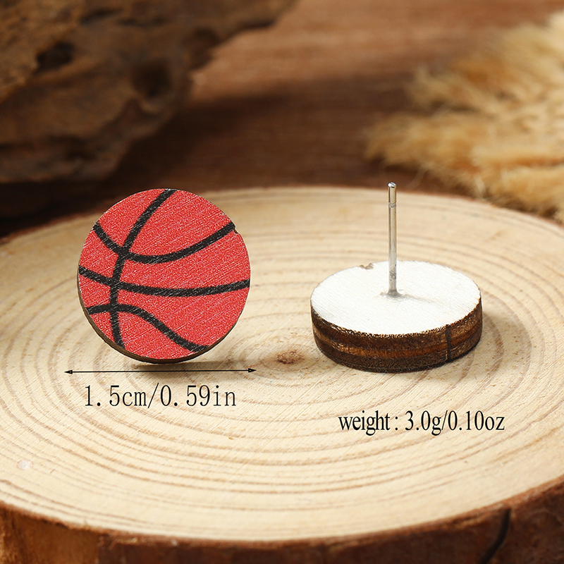 1 Paire Vacances Style Simple Balle Basket-ball Football Peint Bois Plaqué Argent Boucles D'oreilles display picture 22