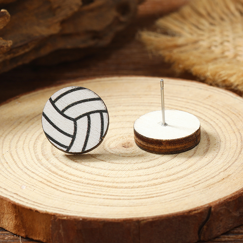 1 Pair Vacation Simple Style Ball Basketball Football Painted Wood Silver Plated Ear Studs display picture 5