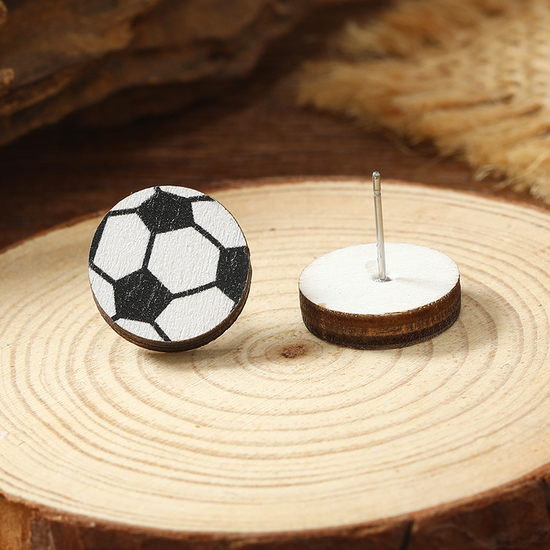 1 Pair Vacation Simple Style Ball Basketball Football Painted Wood Silver Plated Ear Studs display picture 10