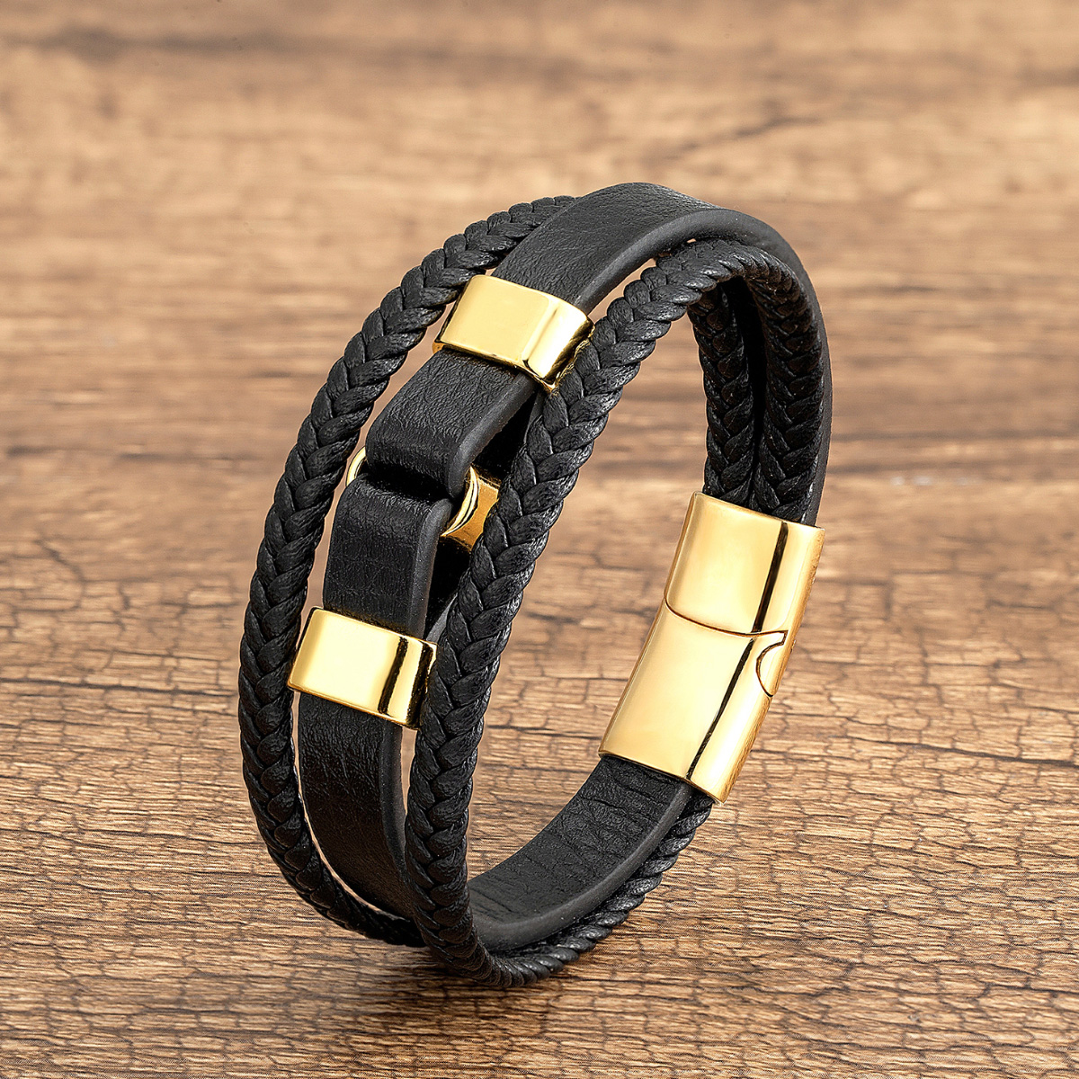 Vintage Style Geometric Pu Leather Metal Layered Metal Button Men's Bracelets display picture 2