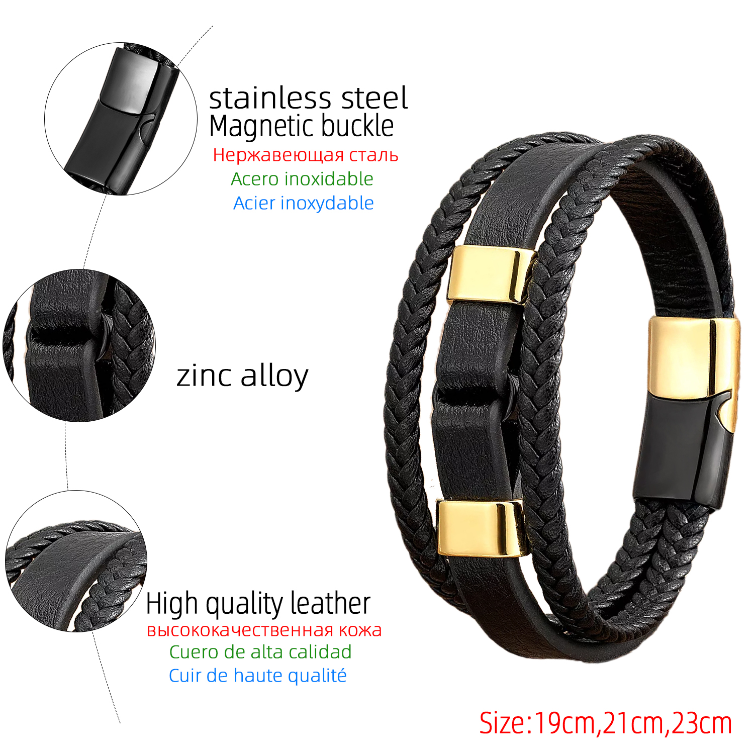 Vintage Style Geometric Pu Leather Metal Layered Metal Button Men's Bracelets display picture 6