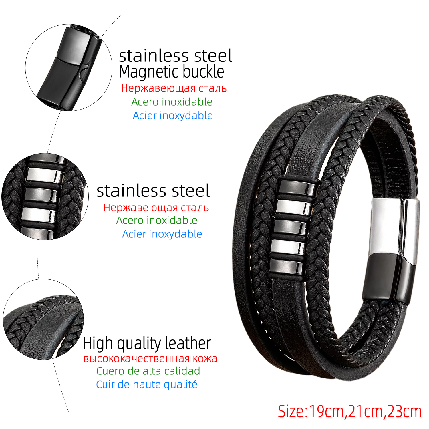 Casual Punk Geometric Stainless Steel Pu Leather Layered Metal Button Unisex Bracelets display picture 8