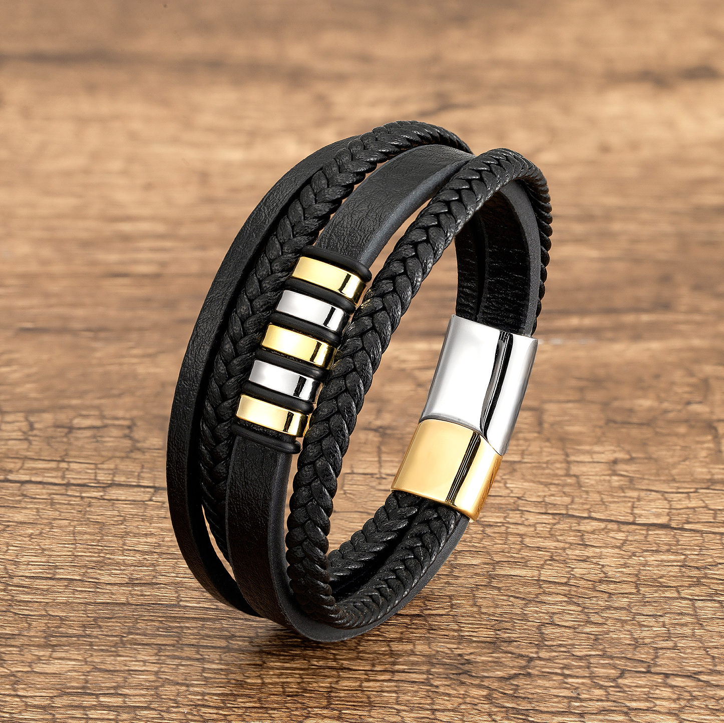 Casual Punk Geometric Stainless Steel Pu Leather Layered Metal Button Unisex Bracelets display picture 5