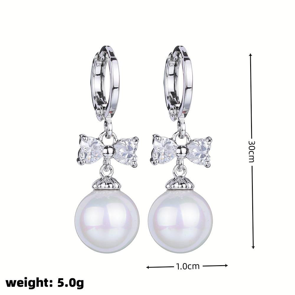 1 Pair Elegant Cute Simple Style Round Bow Knot Polishing Plating Inlay Copper Copper Alloy Artificial Pearls Zircon White Gold Plated Drop Earrings display picture 5
