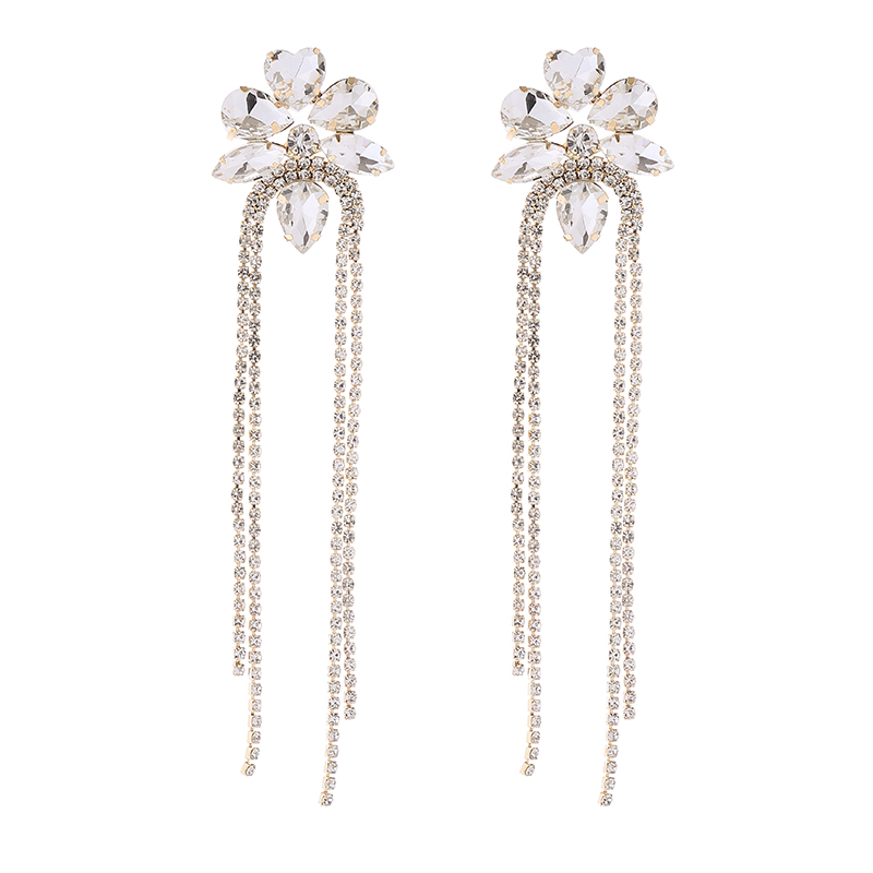 1 Pair Elegant Luxurious Flower Tassel Plating Inlay Alloy Rhinestones Glass Gold Plated Drop Earrings display picture 5