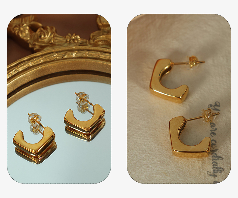 1 Paar Klassisch Klassischer Stil Quadrat Überzug Titan Stahl 18 Karat Vergoldet Ohrringe display picture 2