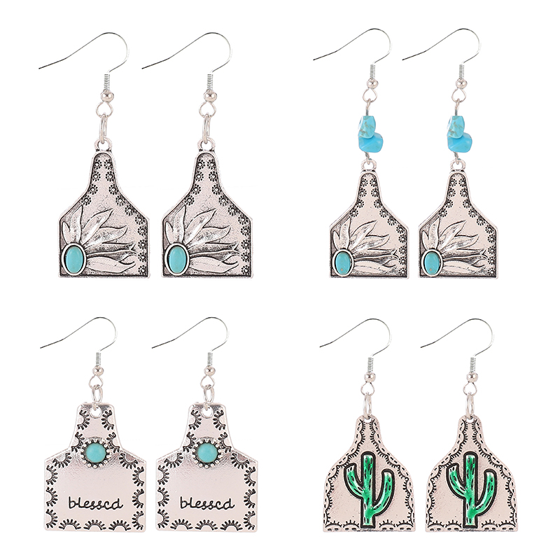 1 Pair Vintage Style Cactus Sunflower Letter Alloy Turquoise Drop Earrings display picture 6