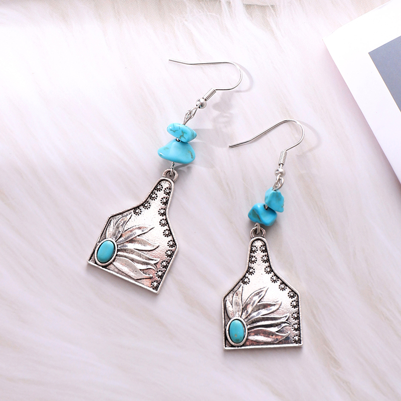 1 Pair Vintage Style Cactus Sunflower Letter Alloy Turquoise Drop Earrings display picture 5