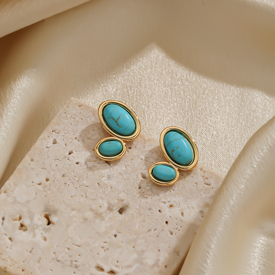 1 Pair Elegant Simple Style Geometric Inlay Copper Resin Turquoise 18k Gold Plated Ear Studs display picture 6