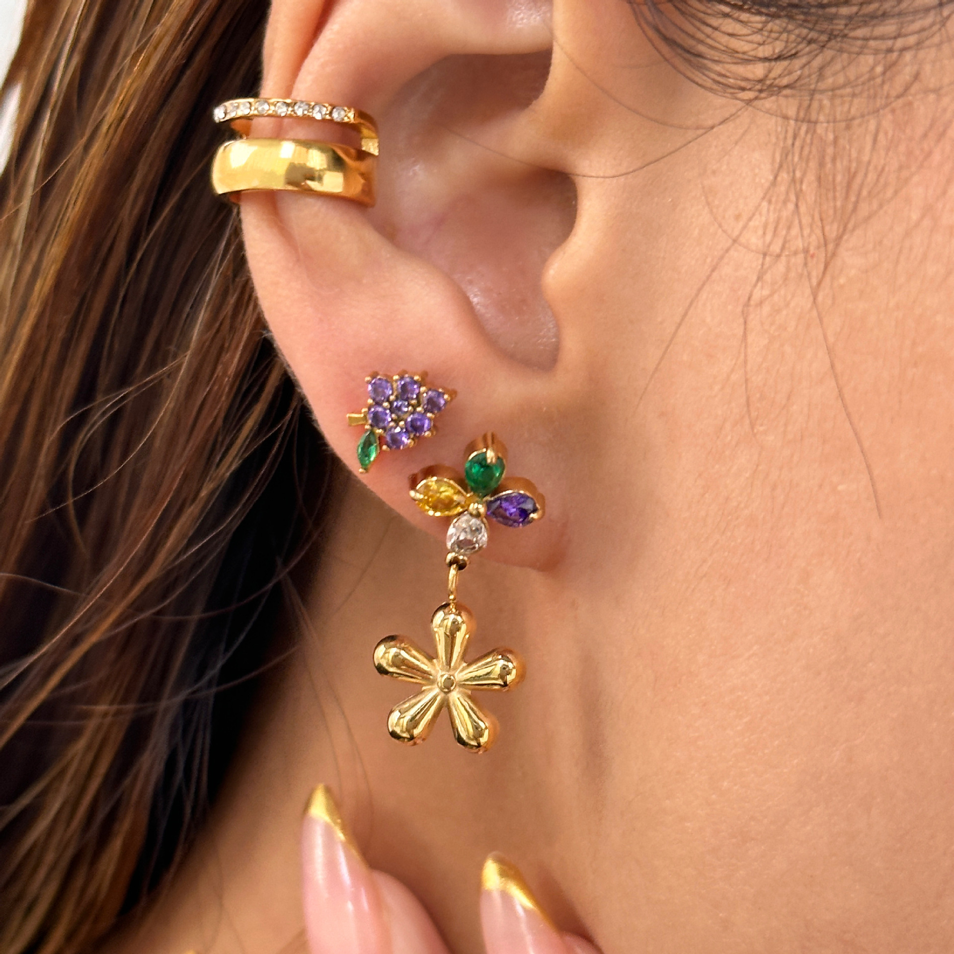 1 Pair Ig Style Basic Leaf Flower Plating Inlay Stainless Steel Zircon 18k Gold Plated Drop Earrings display picture 6