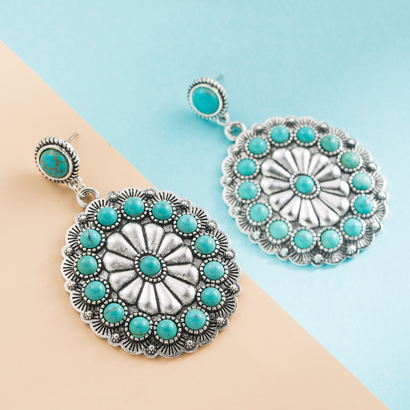 1 Paire Rétro Fleur Incruster Alliage Turquoise Boucles D'oreilles display picture 5