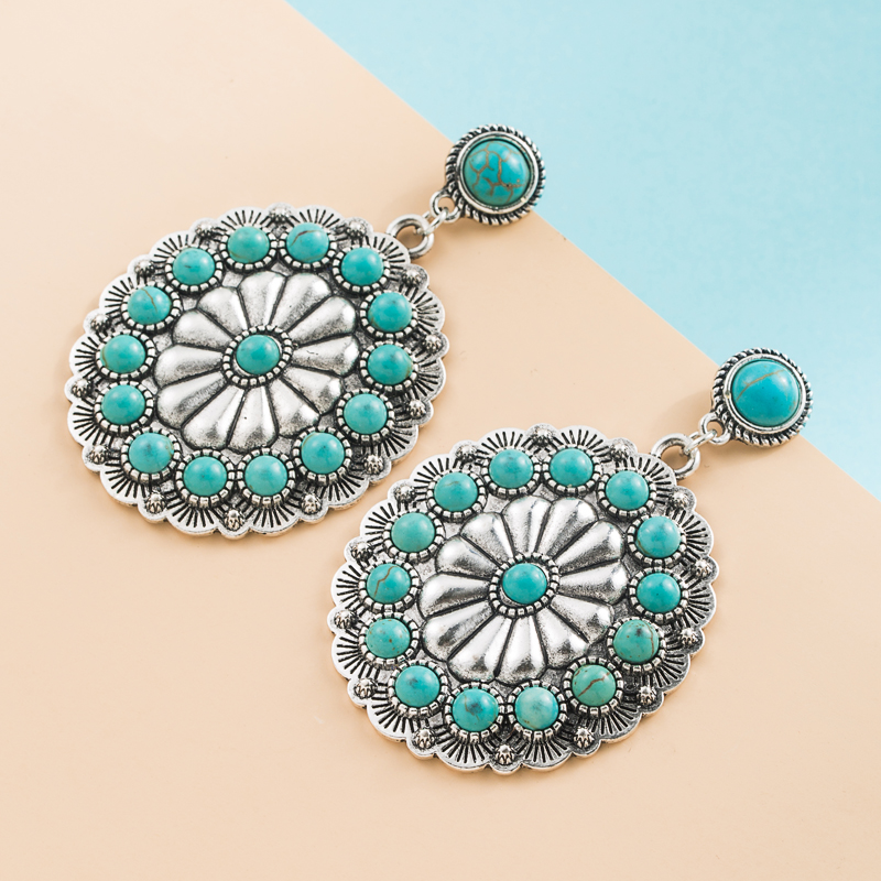 1 Pair Retro Flower Inlay Alloy Turquoise Drop Earrings display picture 2