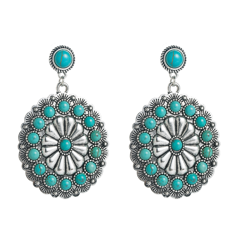 1 Pair Retro Flower Inlay Alloy Turquoise Drop Earrings display picture 6