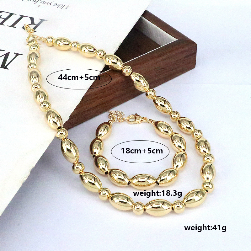 Streetwear Round Oval Copper Beaded Plating 18k Gold Plated Bracelets Necklace display picture 6
