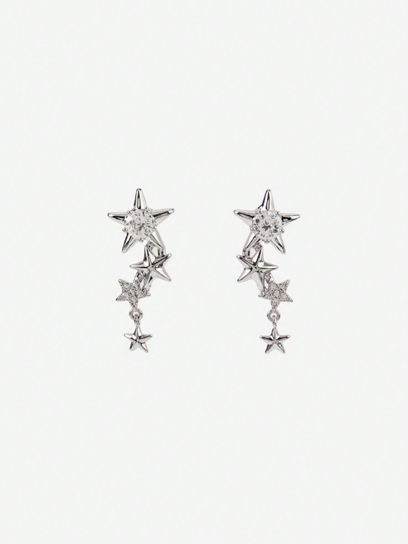 1 Pair Simple Style Pentagram Plating Inlay Alloy Zircon Silver Plated Drop Earrings display picture 1