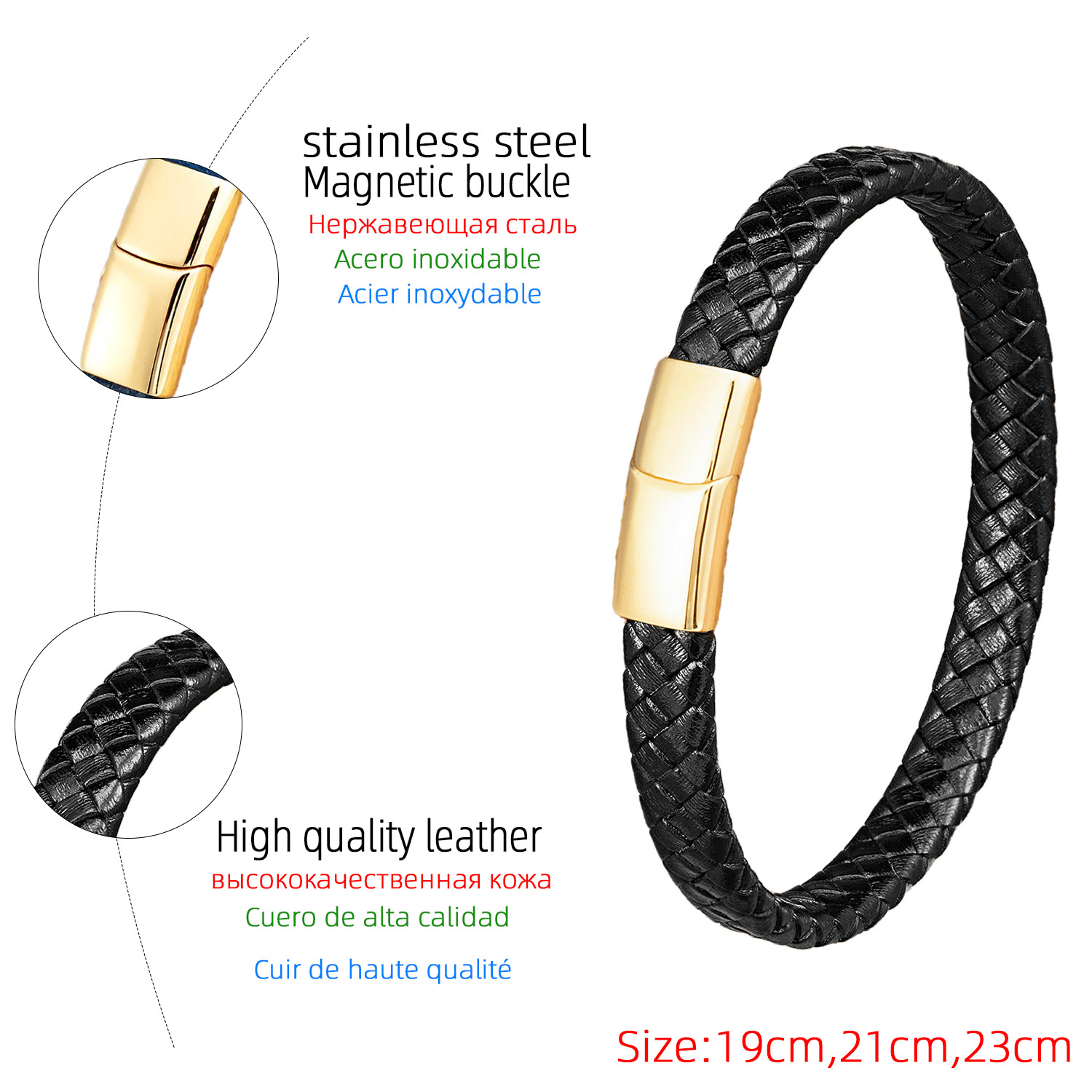 Classic Style Round 316L Stainless Steel  Pu Leather Handmade Metal Button Unisex Wristband display picture 7