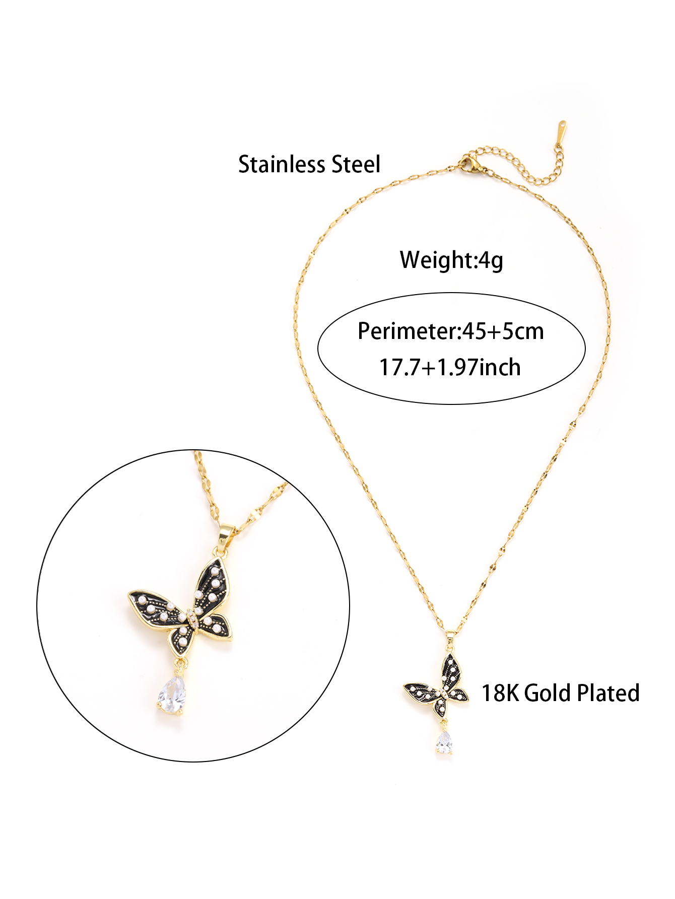 Elegant Glam Butterfly Stainless Steel Enamel Plating Inlay Artificial Pearls Zircon 18k Gold Plated Pendant Necklace display picture 1