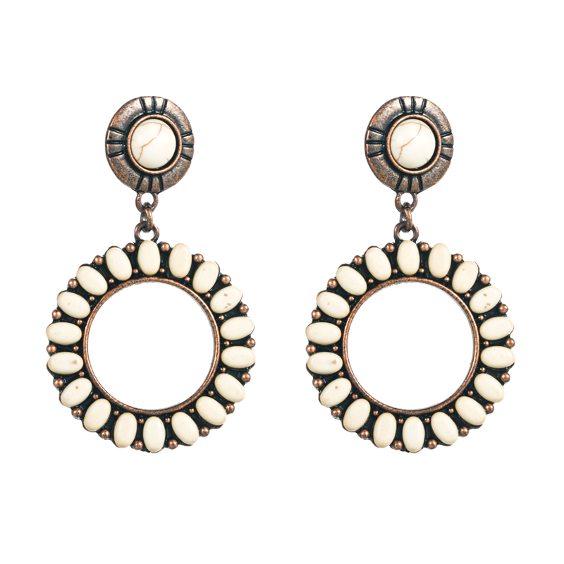 1 Pair Retro Ethnic Style Round Plating Inlay Alloy Turquoise Drop Earrings display picture 7