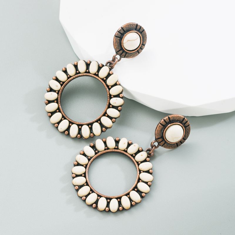 1 Pair Retro Ethnic Style Round Plating Inlay Alloy Turquoise Drop Earrings display picture 3