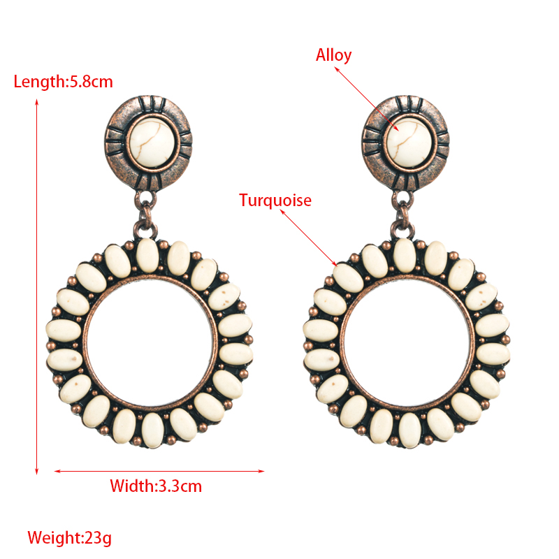 1 Pair Retro Ethnic Style Round Plating Inlay Alloy Turquoise Drop Earrings display picture 1