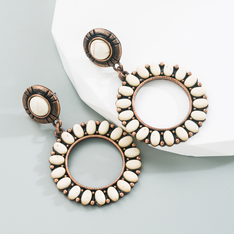 1 Pair Retro Ethnic Style Round Plating Inlay Alloy Turquoise Drop Earrings display picture 5
