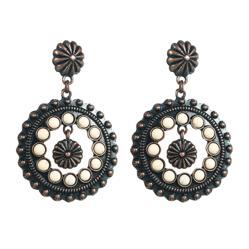 1 Pair Retro Ethnic Style Geometric Round Plating Inlay Alloy Turquoise Drop Earrings display picture 7