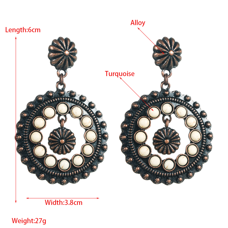1 Pair Retro Ethnic Style Geometric Round Plating Inlay Alloy Turquoise Drop Earrings display picture 1