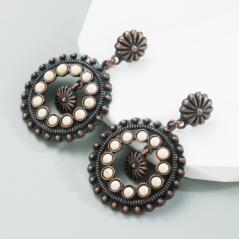 1 Pair Retro Ethnic Style Geometric Round Plating Inlay Alloy Turquoise Drop Earrings display picture 3