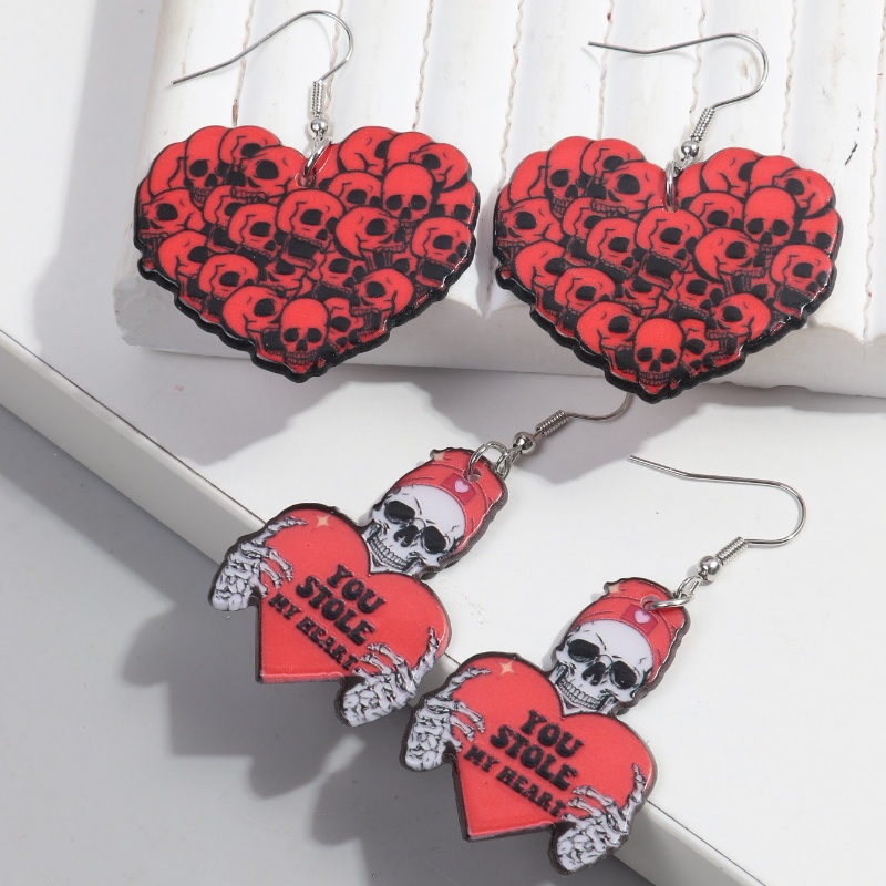 1 Pair Funny Heart Shape Skull Arylic Drop Earrings display picture 3