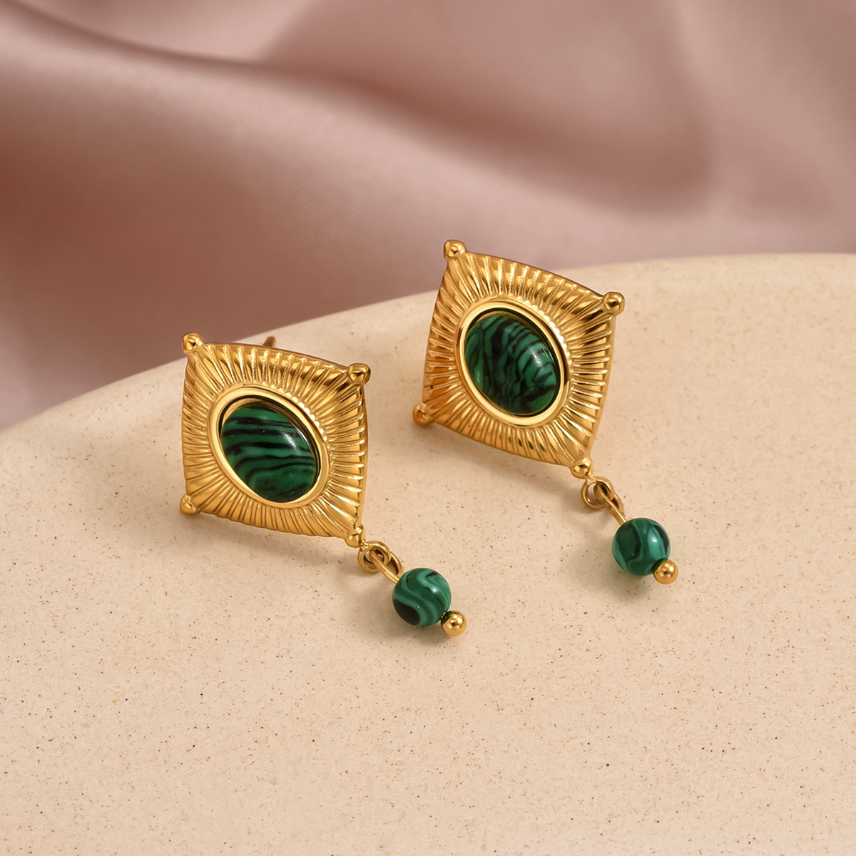 1 Pair Vintage Style Vacation C Shape Square Plating Inlay 304 Stainless Steel Turquoise Turquoise 14K Gold Plated Drop Earrings Ear Studs display picture 6