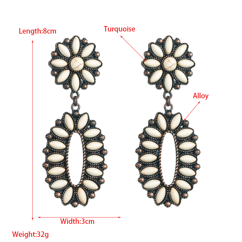 1 Pair Retro Oval Flower Plating Inlay Alloy Turquoise Drop Earrings display picture 1