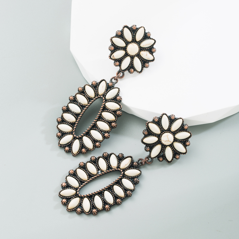 1 Paire Rétro Ovale Fleur Placage Incruster Alliage Turquoise Boucles D'oreilles display picture 5