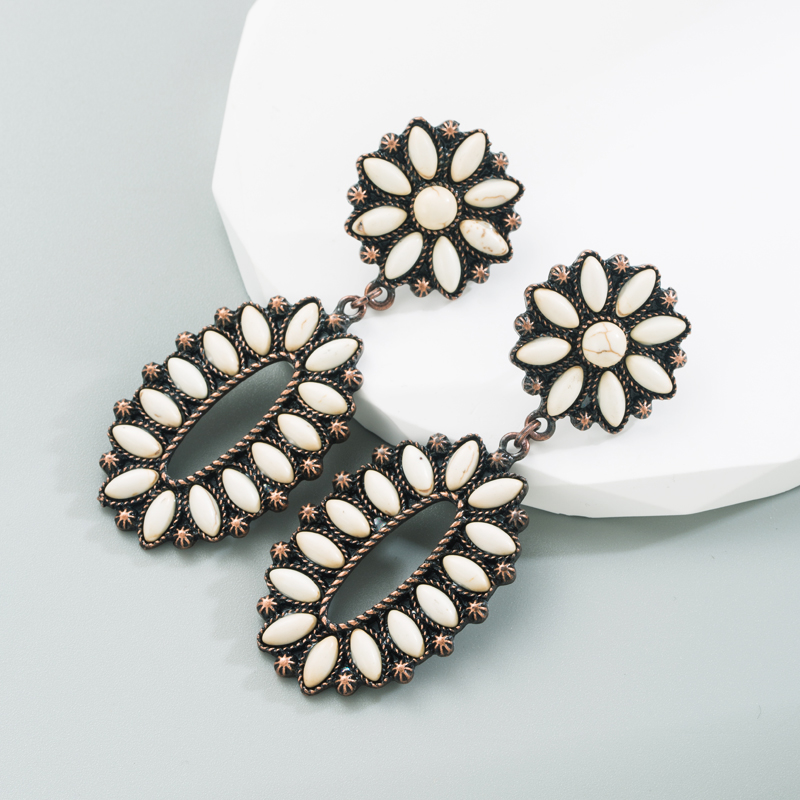 1 Paire Rétro Ovale Fleur Placage Incruster Alliage Turquoise Boucles D'oreilles display picture 4