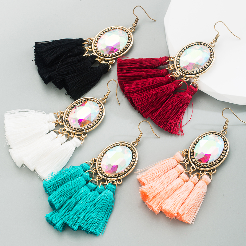 1 Pair Retro Ethnic Style Oval Tassel Tassel Plating Inlay Alloy Glass Drop Earrings display picture 2