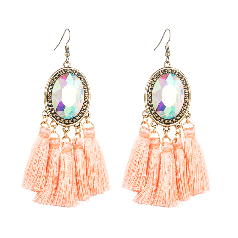 1 Pair Retro Ethnic Style Oval Tassel Tassel Plating Inlay Alloy Glass Drop Earrings display picture 9