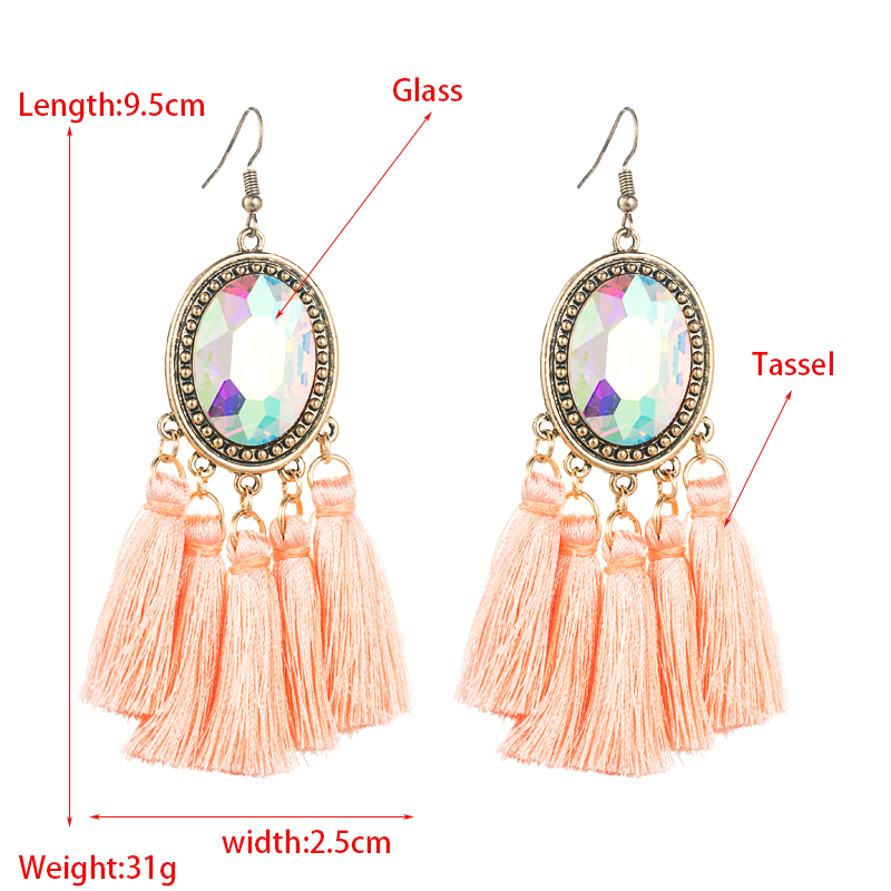 1 Pair Retro Ethnic Style Oval Tassel Tassel Plating Inlay Alloy Glass Drop Earrings display picture 1
