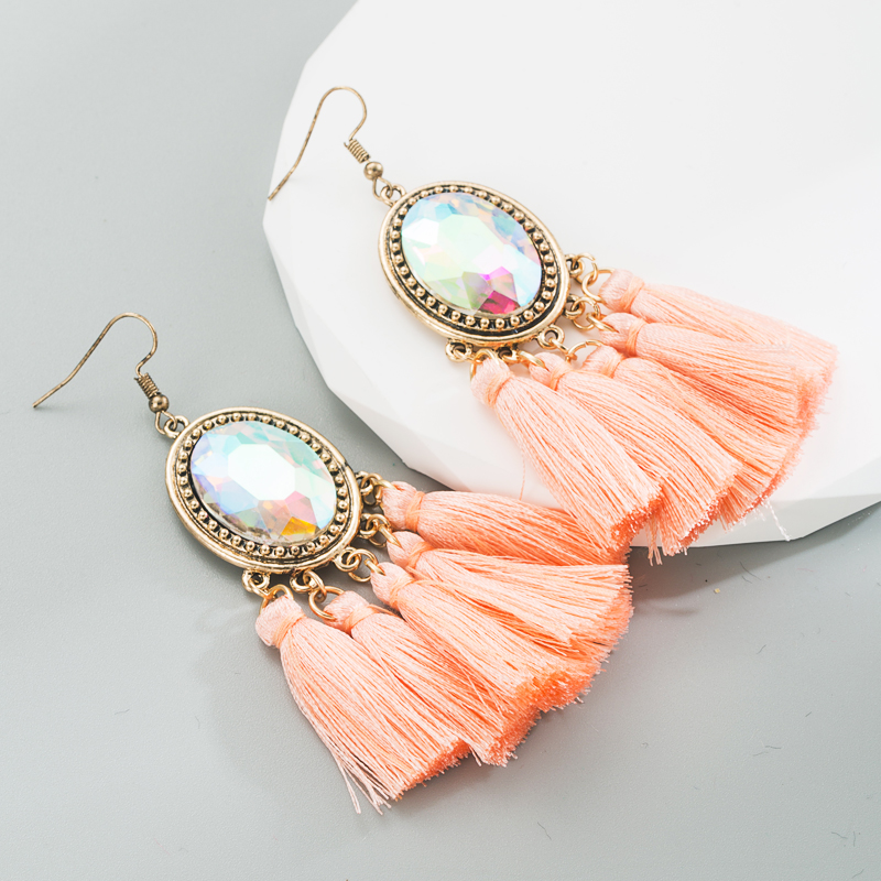 1 Pair Retro Ethnic Style Oval Tassel Tassel Plating Inlay Alloy Glass Drop Earrings display picture 7