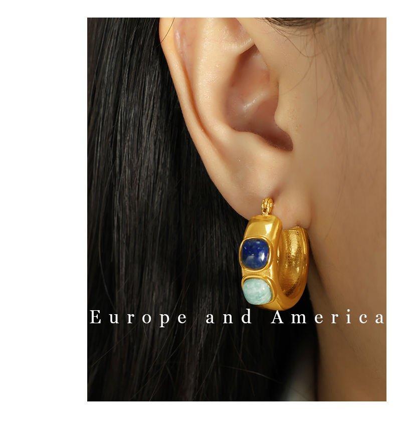 1 Pair Elegant Vintage Style Round Plating Titanium Steel Natural Stone 18k Gold Plated Hoop Earrings display picture 6