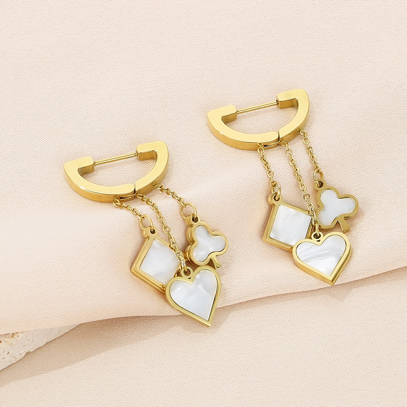 1 Pair Simple Style Square Heart Shape Chain Inlay Stainless Steel Shell 18K Gold Plated Drop Earrings display picture 12