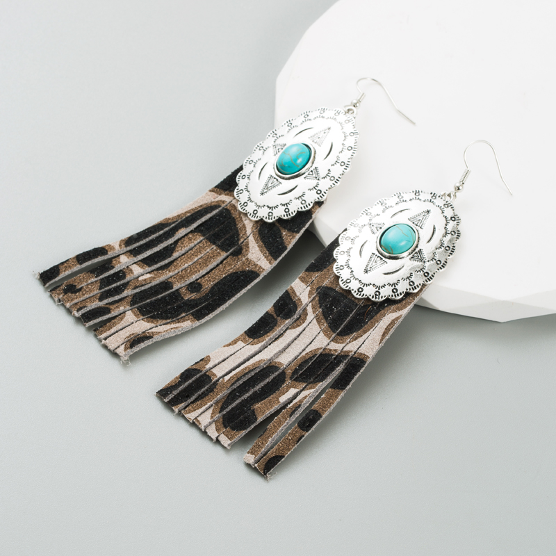 1 Pair Retro Ethnic Style Oval Tassel Plating Inlay Pu Leather Alloy Turquoise Silver Plated Drop Earrings display picture 4
